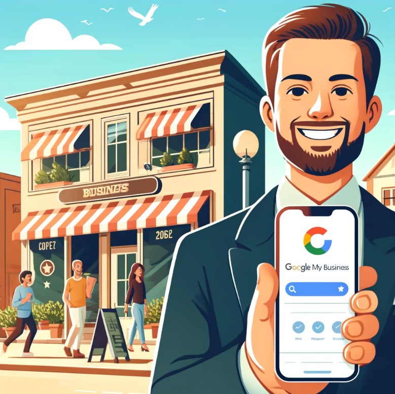 Illustration of a man holding a phone with Google My Business prominent.