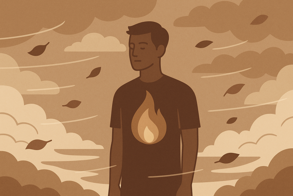 Person in a flame-themed shirt.