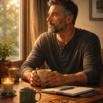 Middle-aged man sitting calmly at a table, holding a mug, reflecting quietly in warm light