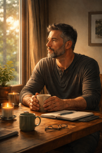Middle-aged man sitting calmly at a table, holding a mug, reflecting quietly in warm light