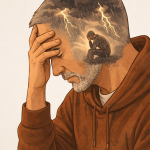 Illustration of a middle-aged man holding his head thoughtfully, with a stormy inner scene showing emotional distress inside his silhouette.