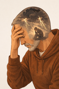 Illustration of a middle-aged man holding his head thoughtfully, with a stormy inner scene showing emotional distress inside his silhouette.
