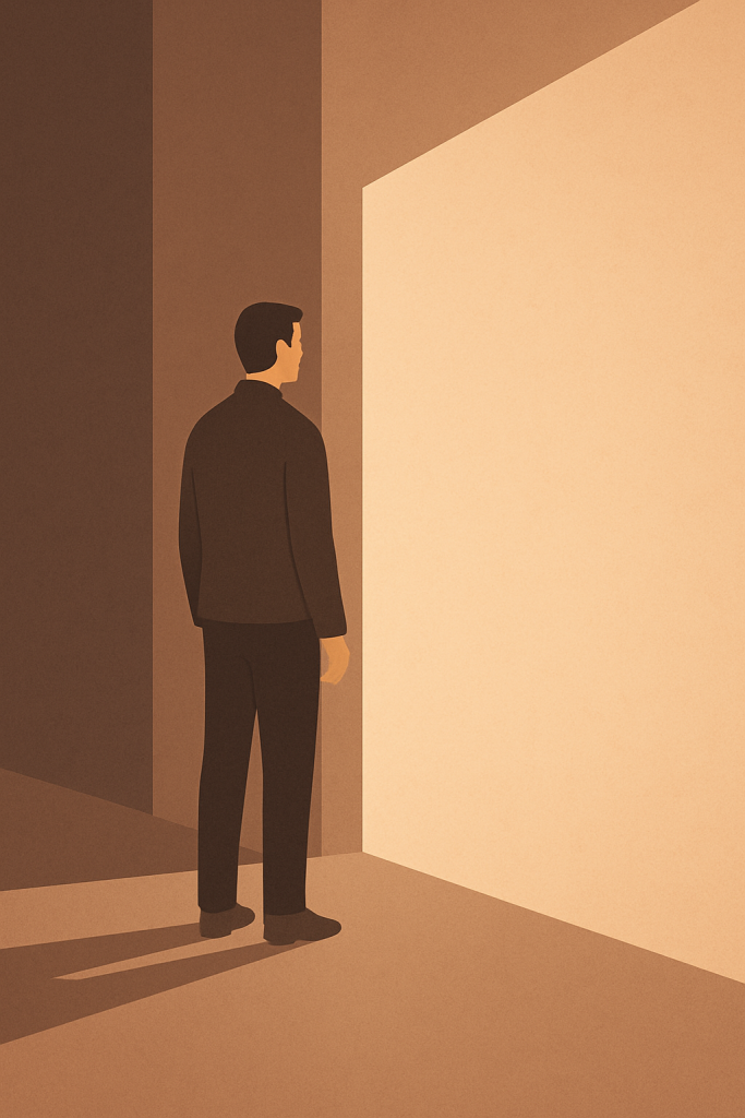 Flat illustration of a man standing at the edge of a softly lit doorway, suggesting transition and reflection.