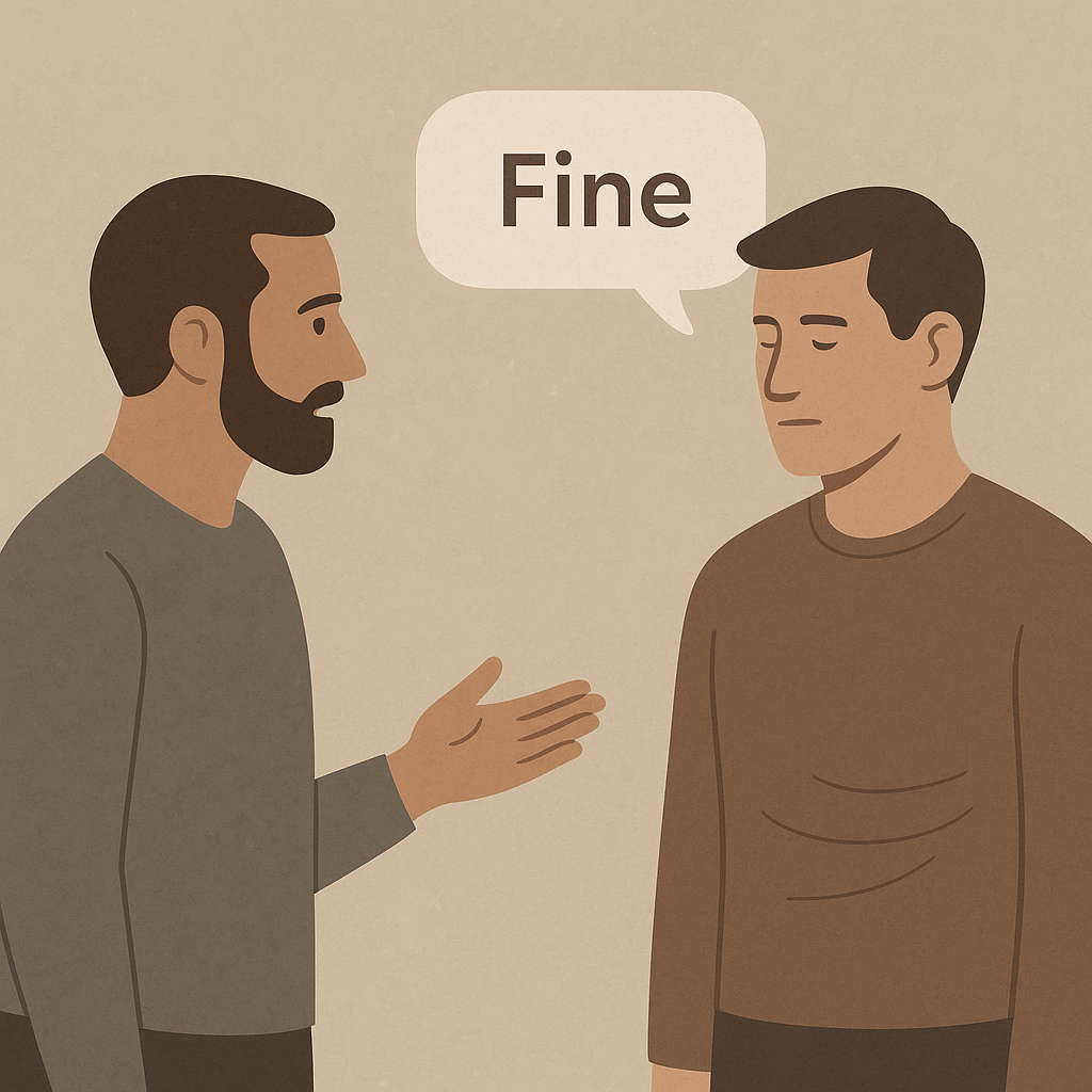 AI generated illustration of two men talking with a speech bubble that says Fine.