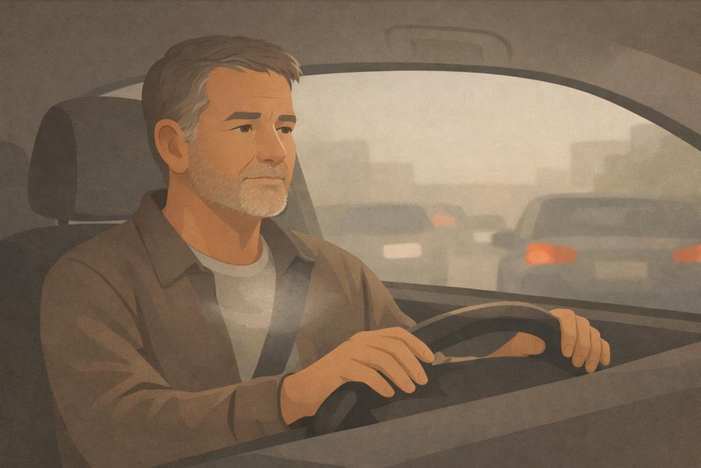 Man sitting calmly in a car at a stop, hands on the steering wheel, pausing before reacting.