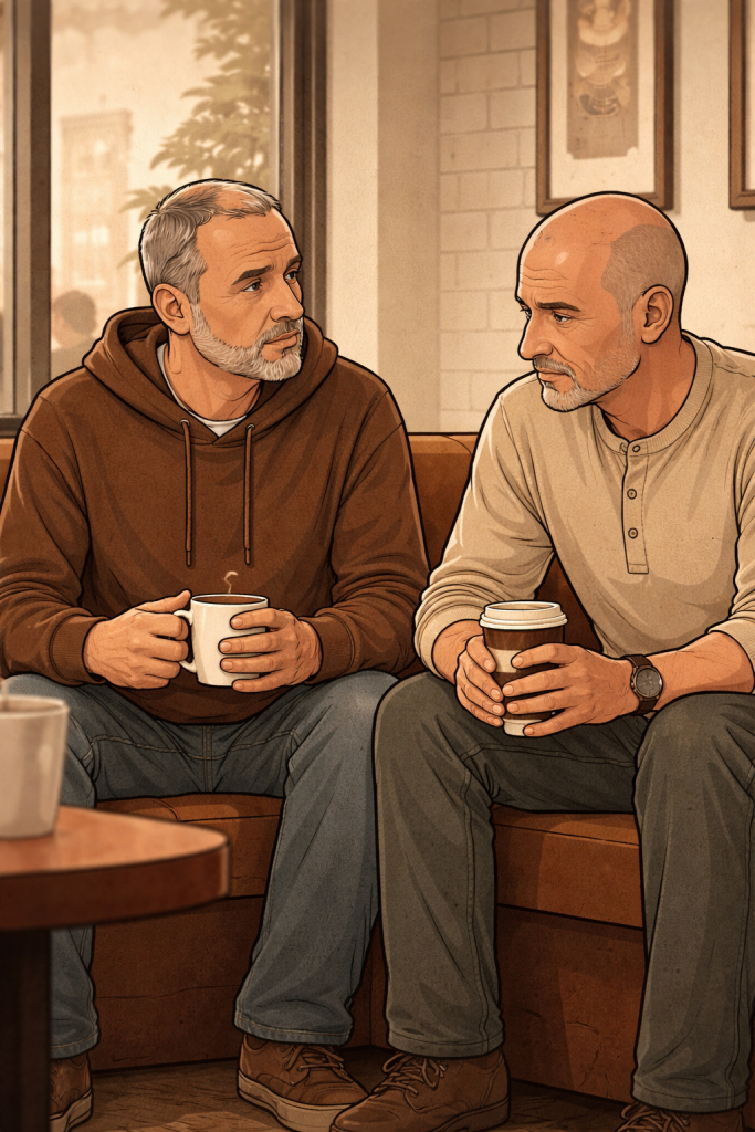 llustration of two middle-aged men seated in a coffee shop corner, warm muted tones, both holding coffee and appearing reflective and withdrawn.