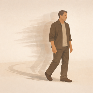 Illustration of a man pausing after constant movement, reflecting early sobriety and learning to slow down.
