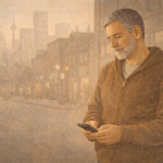 Illustration of a man holding a phone, standing calmly but alert, reflecting on a moment of quiet vigilance and restraint.