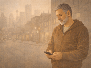 Illustration of a man holding a phone, standing calmly but alert, reflecting on a moment of quiet vigilance and restraint.