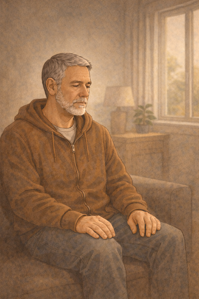 A calm illustrated man sitting quietly in a softly lit room, with warm neutral tones and gentle shadows suggesting reflection and inner healing.