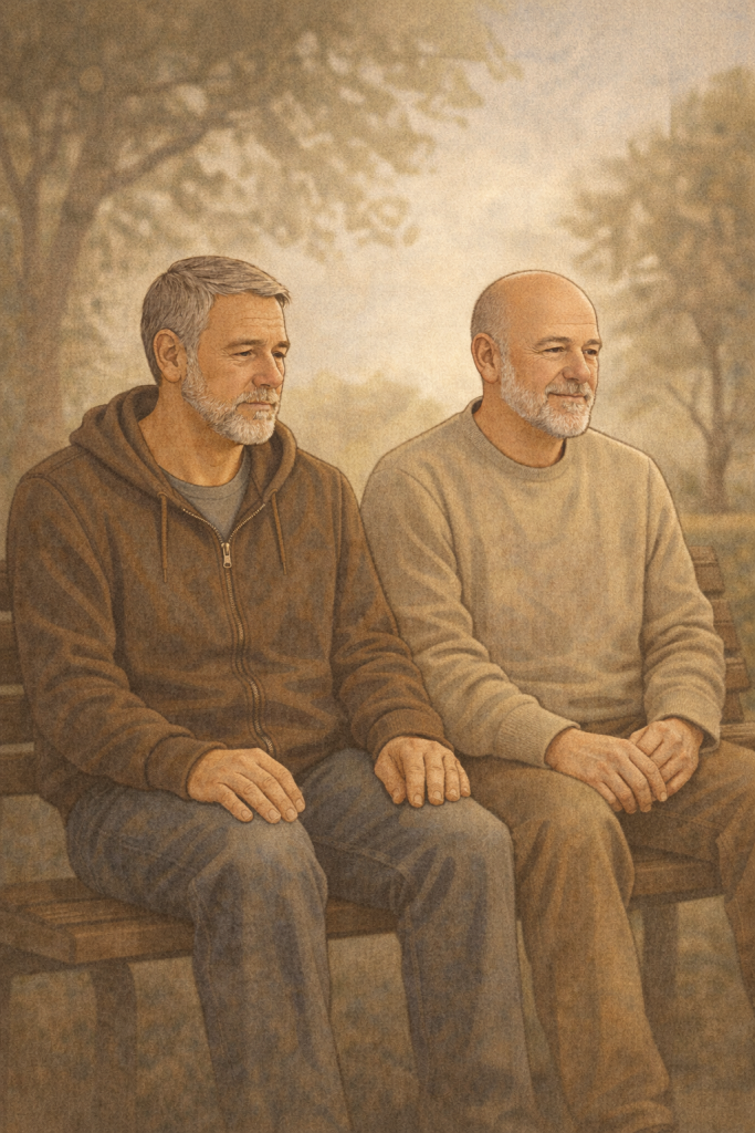 Two middle aged men sitting on a park bench 