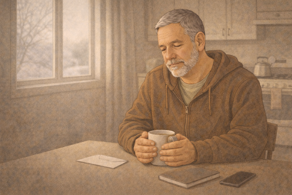 Illustration of a middle aged man sitting at kitchen table cradling a cup of coffee