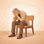 A man sits with his head in his hands with imaginary boundaries around him.