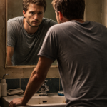 A man looks in the mirror at his reflection