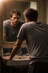 A man looks in the mirror at his reflection