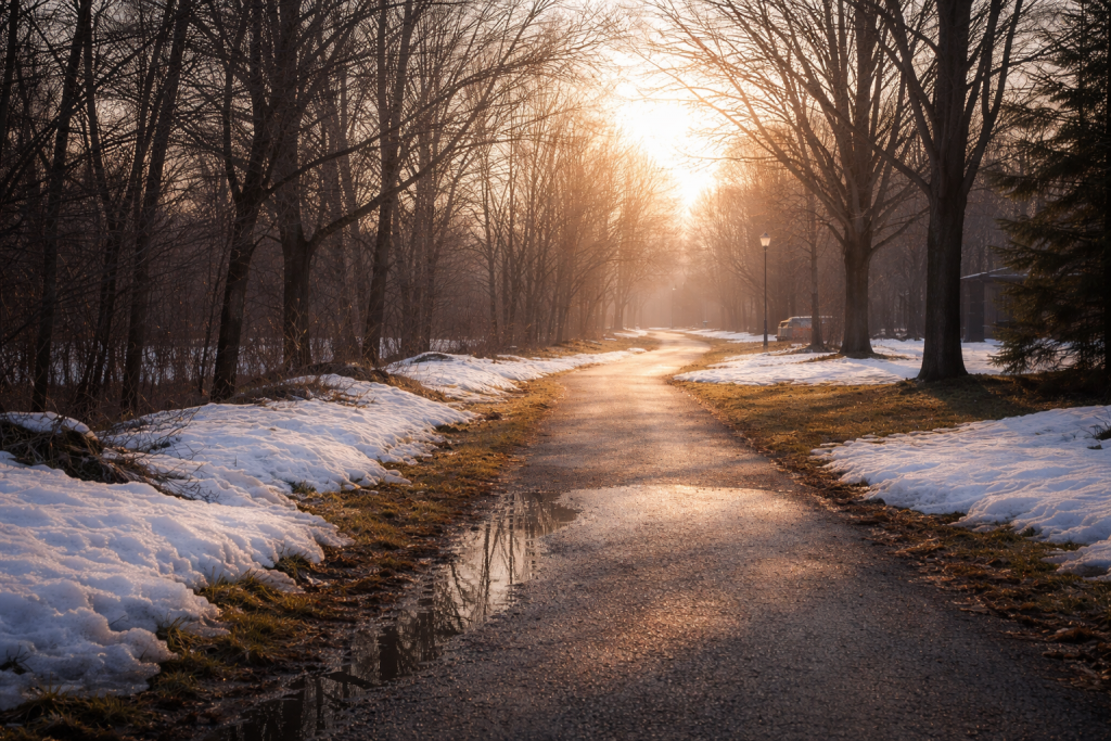 A sunlit path with melting snow