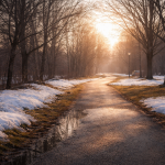 A sunlit path with melting snow
