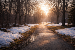 A sunlit path with melting snow